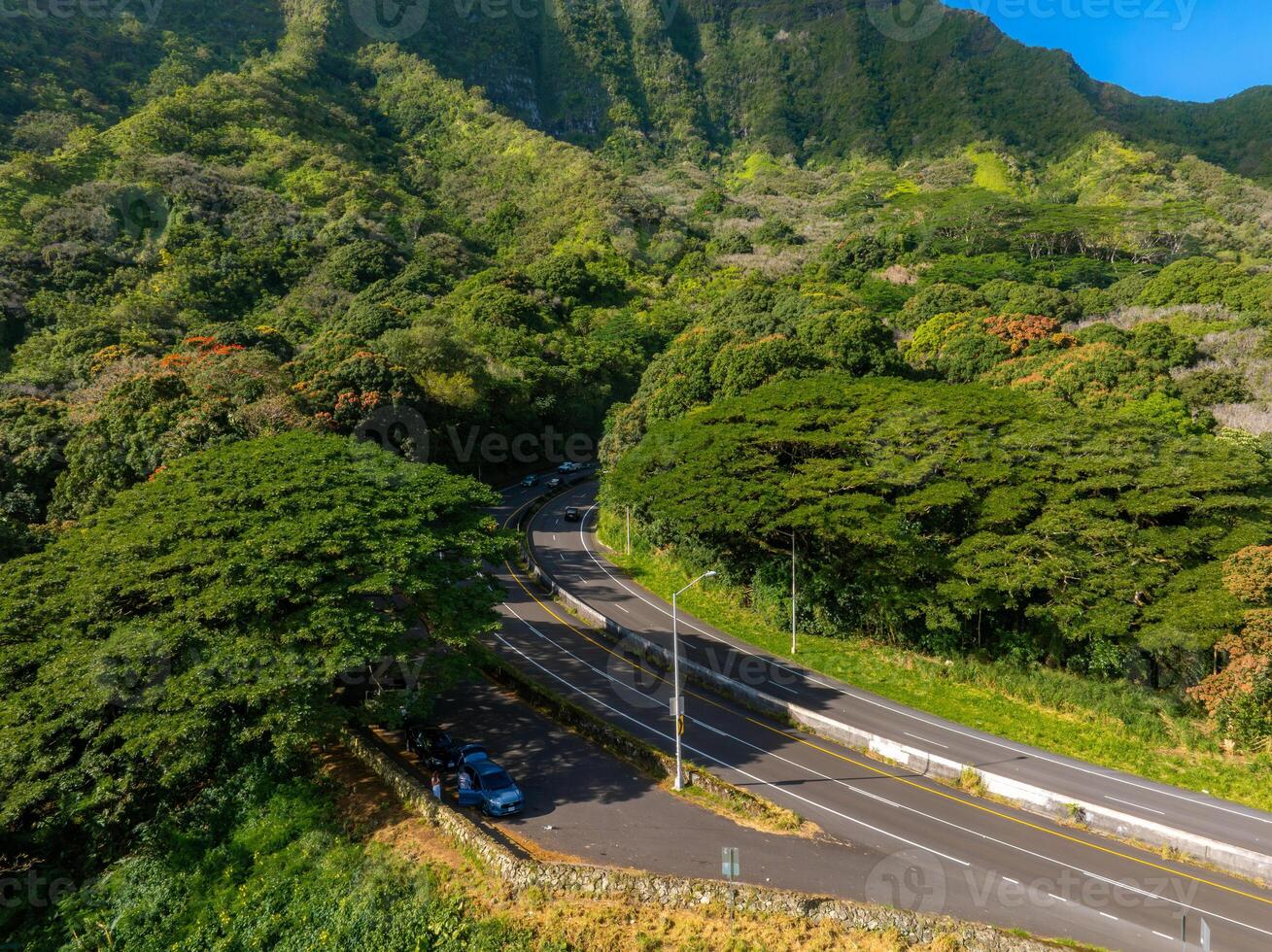 A winding road bordered by dense tropical trees at the base of a forested mountain on Oahu island, Hawaii, with cars parked along the roadside. photo