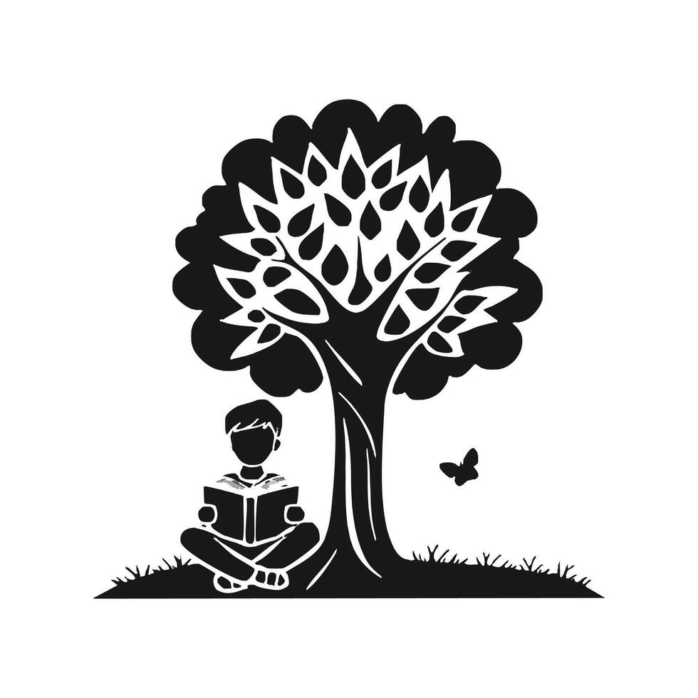 Boy reading a book under a tree. Black and white illustration. vector