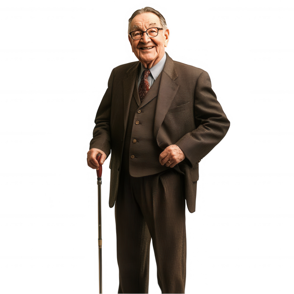 An older man in a suit and tie standing with a cane png