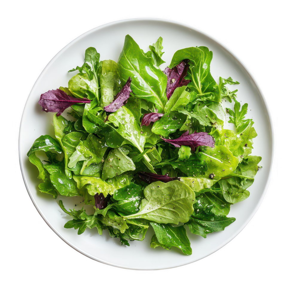 A plate of green salad with red and green leaves png