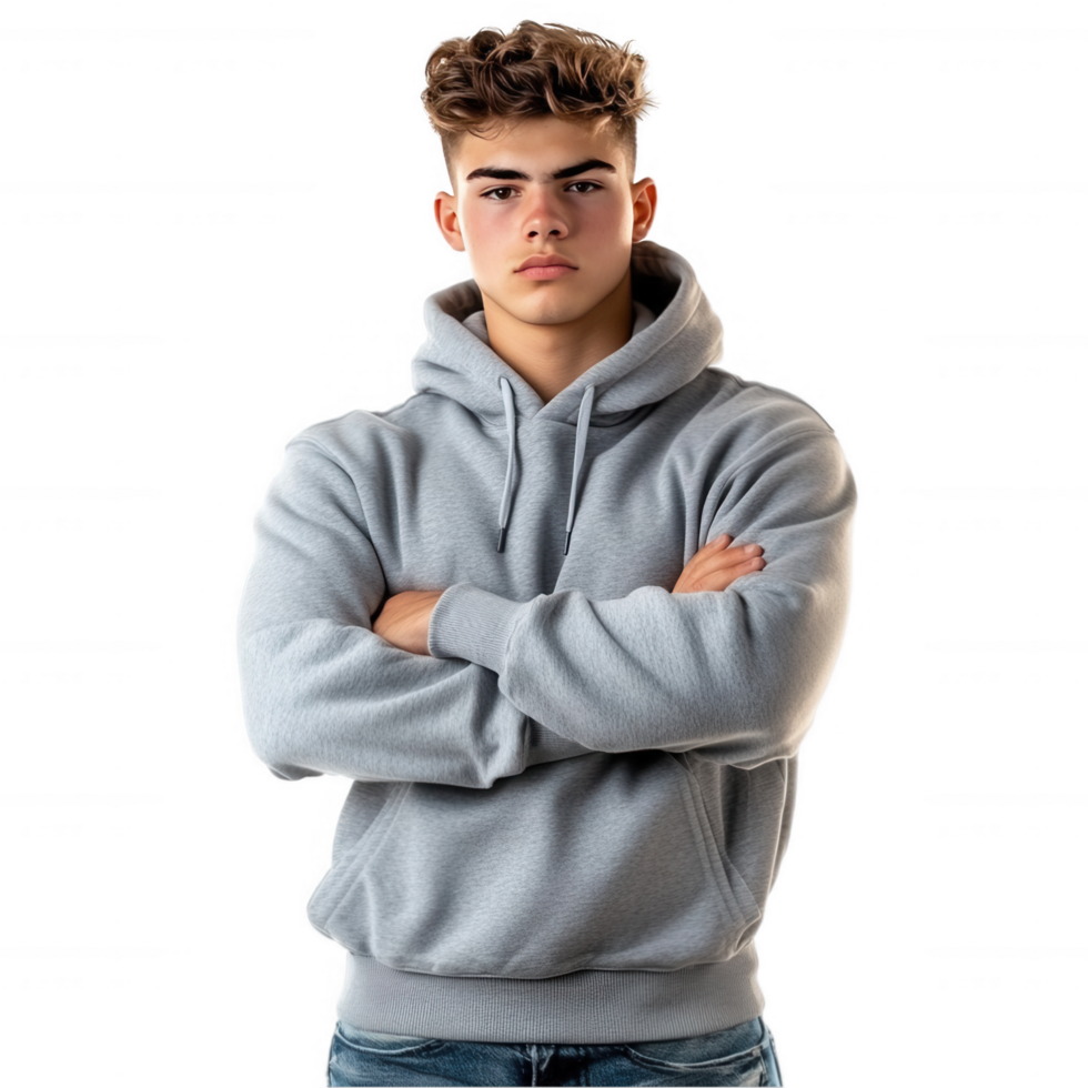 A man in a grey hoodie standing with his arms crossed png