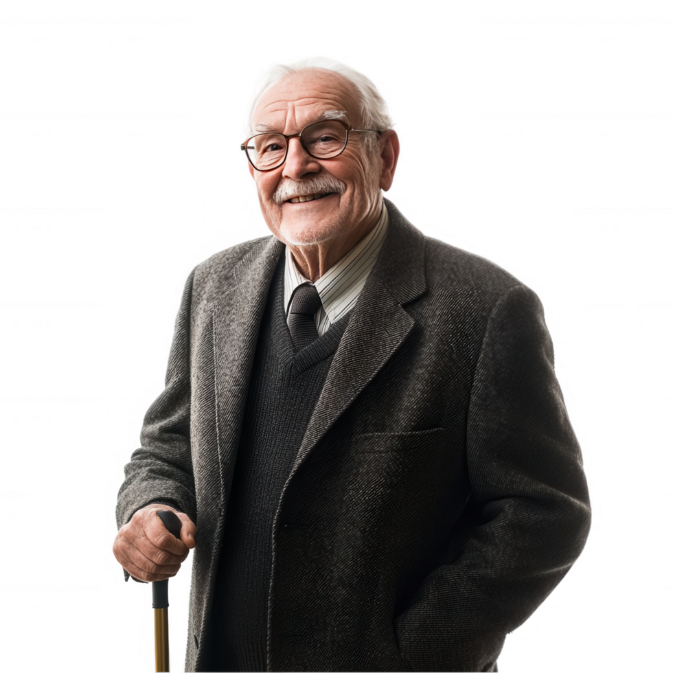 An older man with a cane and a gray suit png