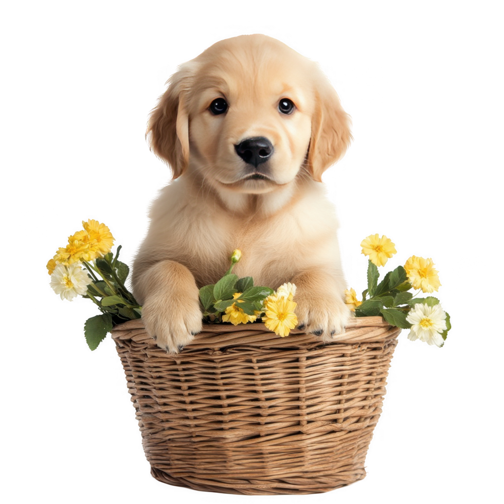 A golden retriever puppy sitting in a basket with flowers png