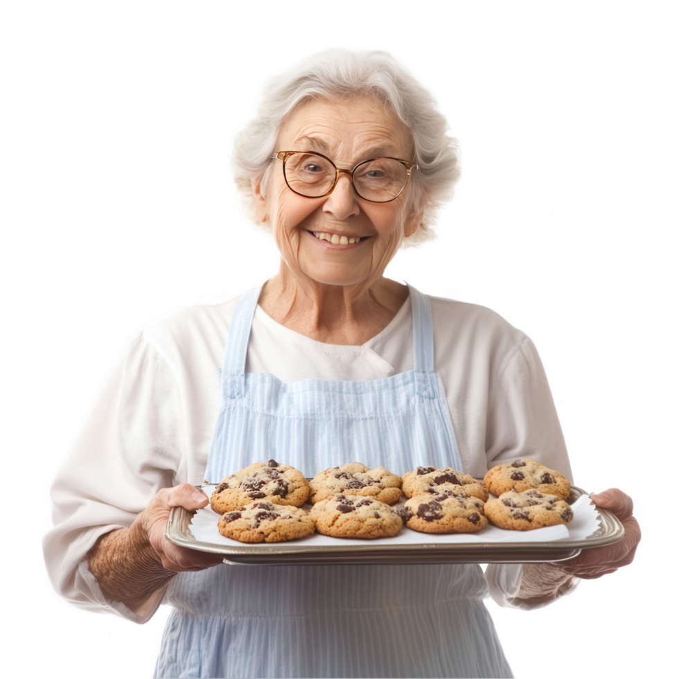 An older woman holding a tray of cookies png