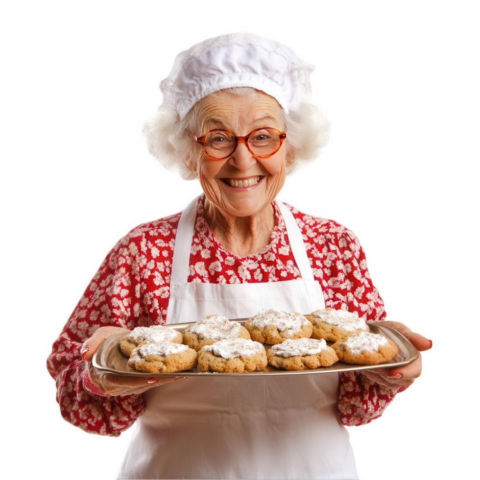 An old woman holding a tray of cookies png