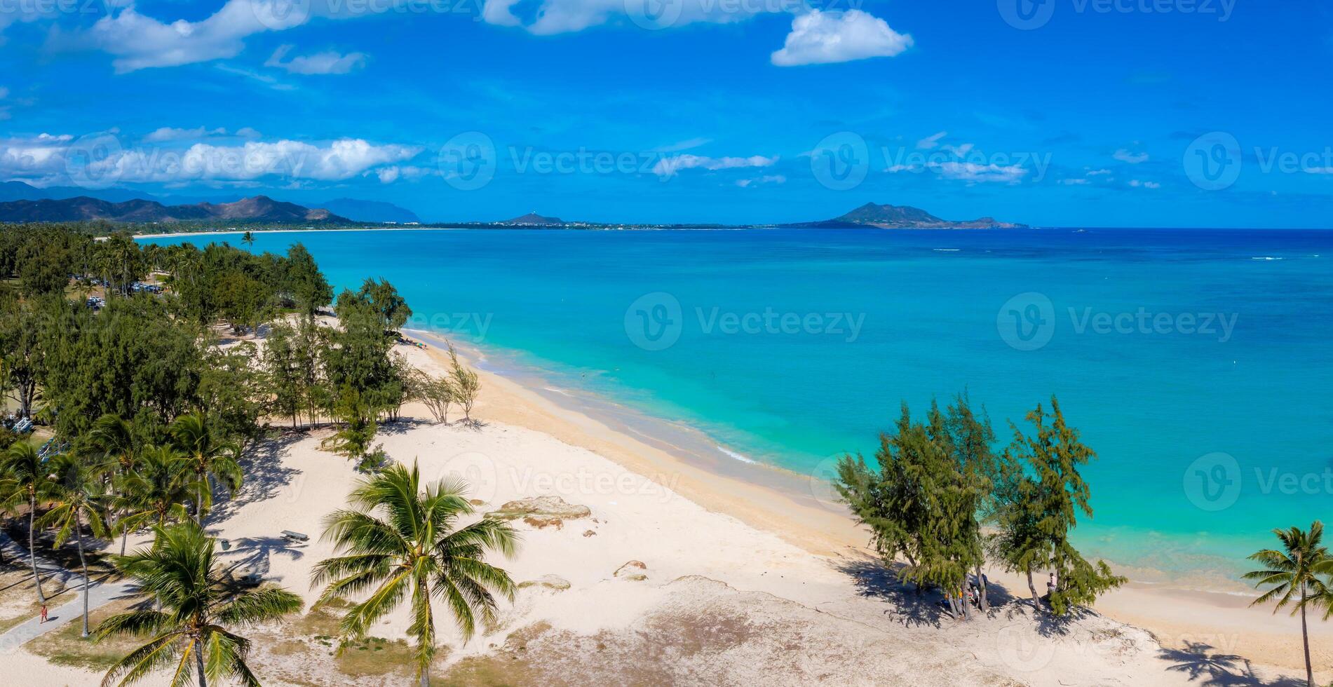 Aerial view of a white sand beach on Oahu island, Hawaii, bordered by palm trees and turquoise waters, with hills and a small offshore island visible. photo