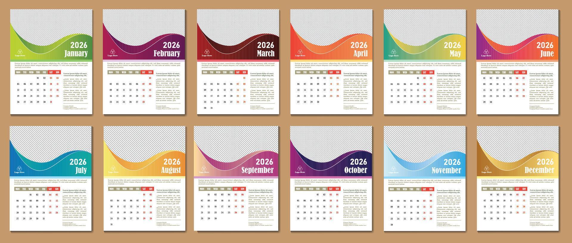 Calendar 2026 template simple minimal design vector