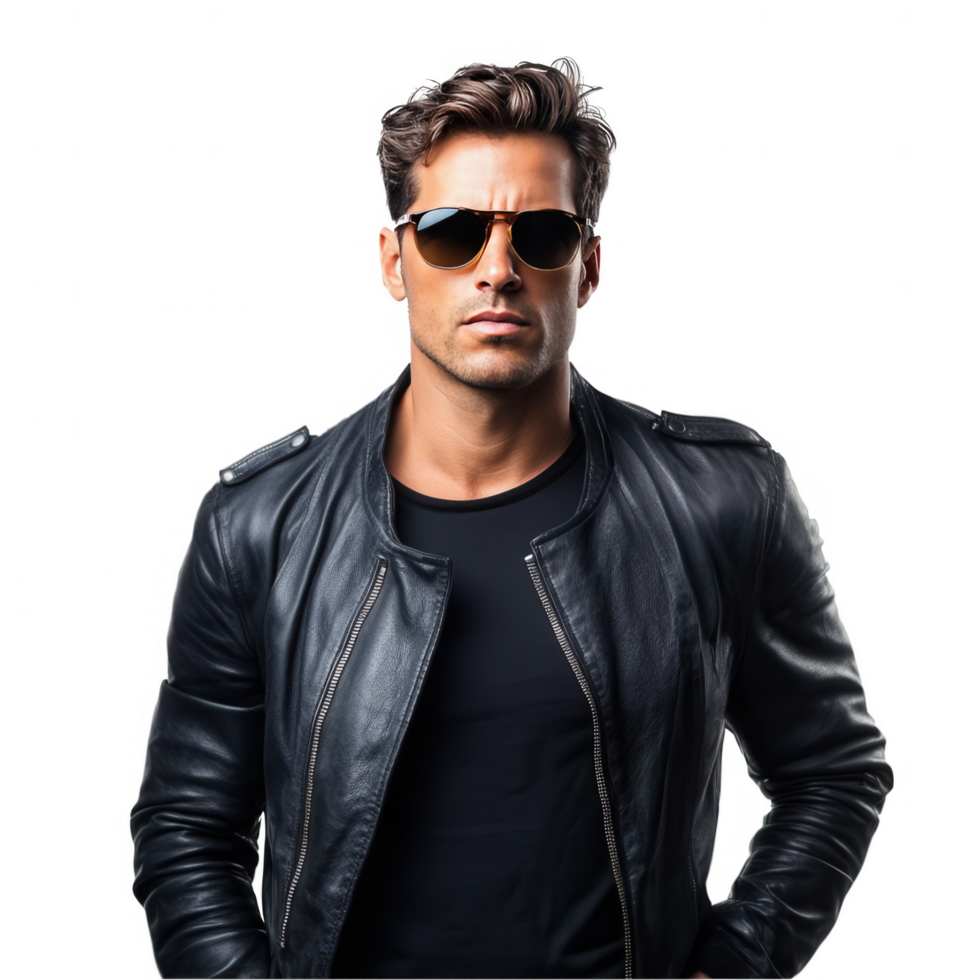A man in a black leather jacket and sunglasses png