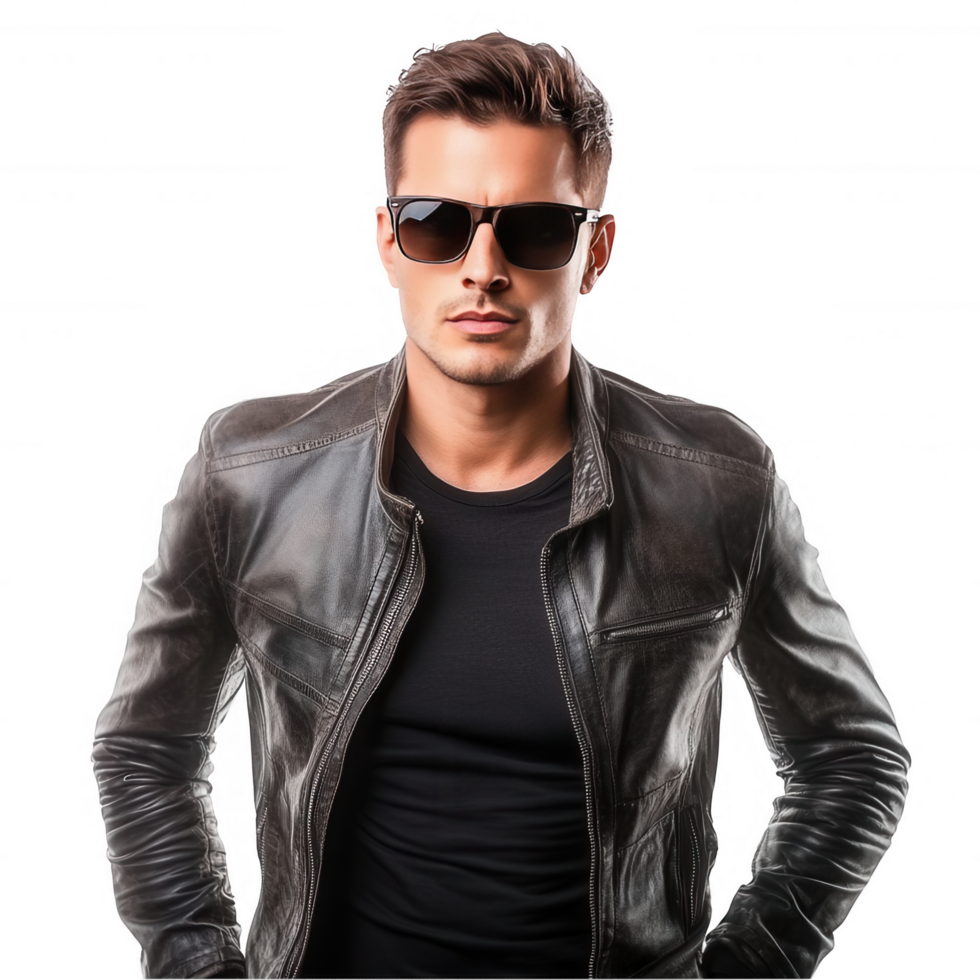 Handsome man in leather jacket and sunglasses png