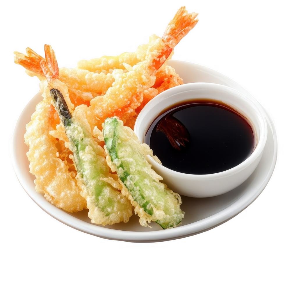 Fried shrimp with dipping sauce on a white plate png