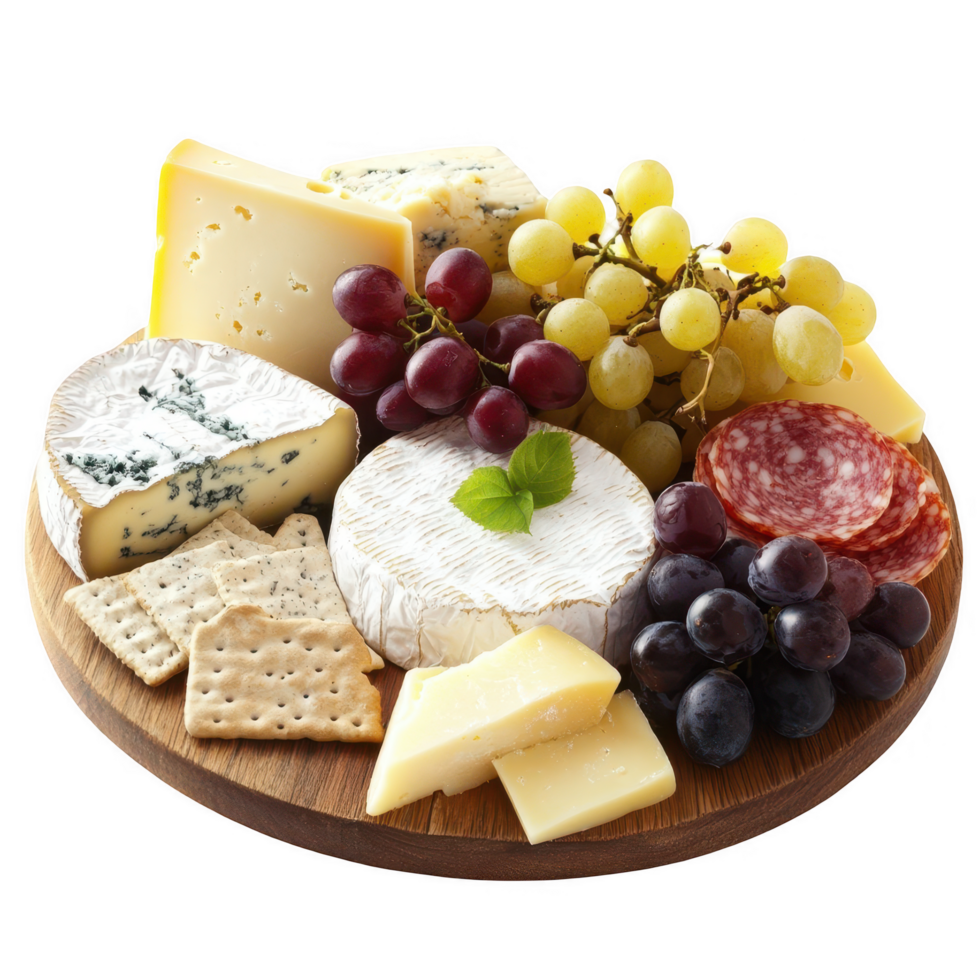 Cheese platter with grapes, cheese, crackers and crackers png
