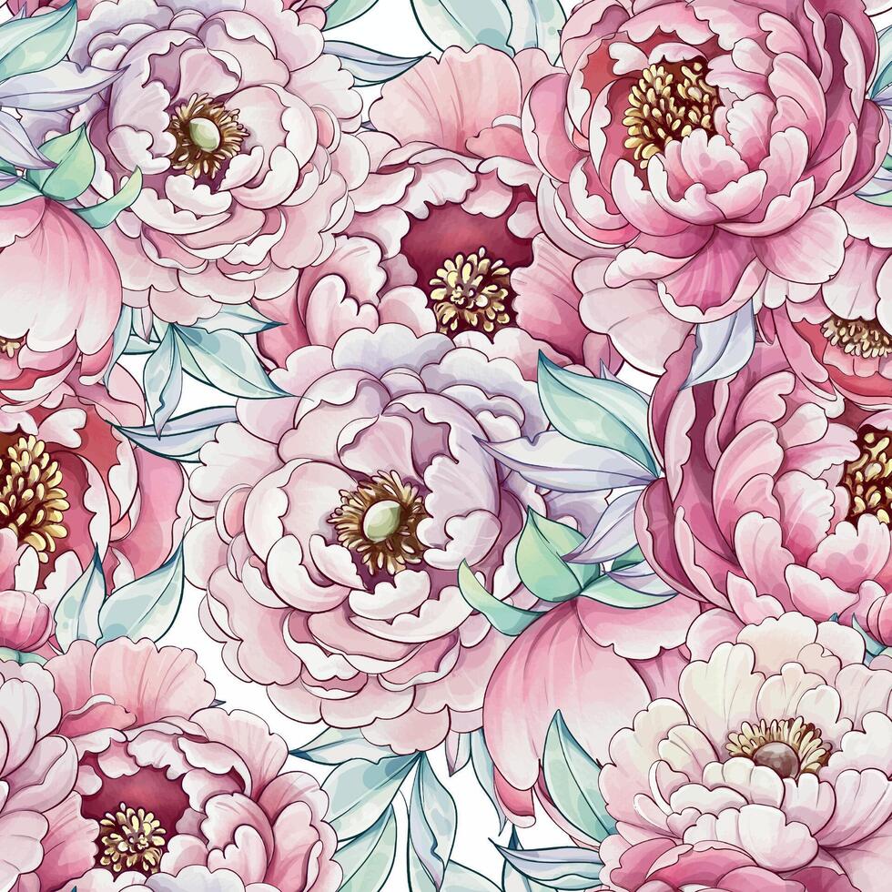 Lush peonies burst in soft pinks and whites, their delicate petals intertwining with gentle greens to form a vibrant floral tapestry. vector