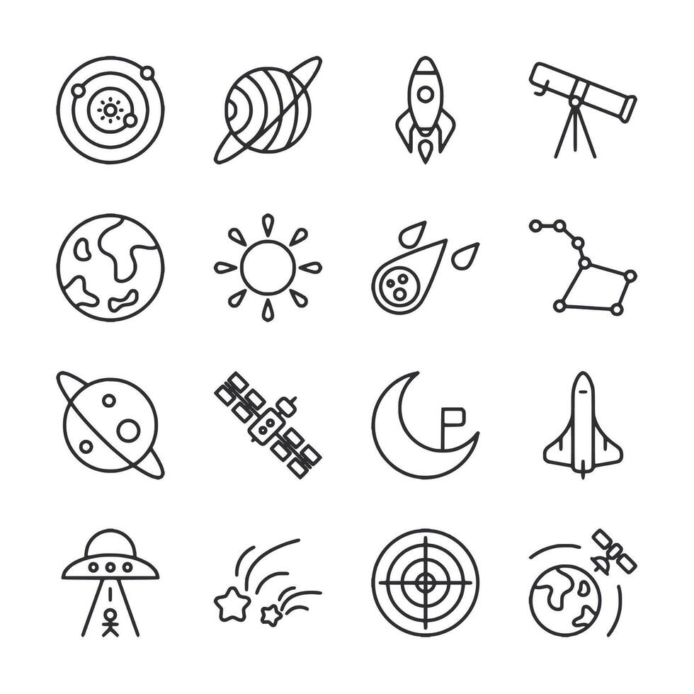 A set of space related icons including a planet, a moon, a rocket, a telescope vector