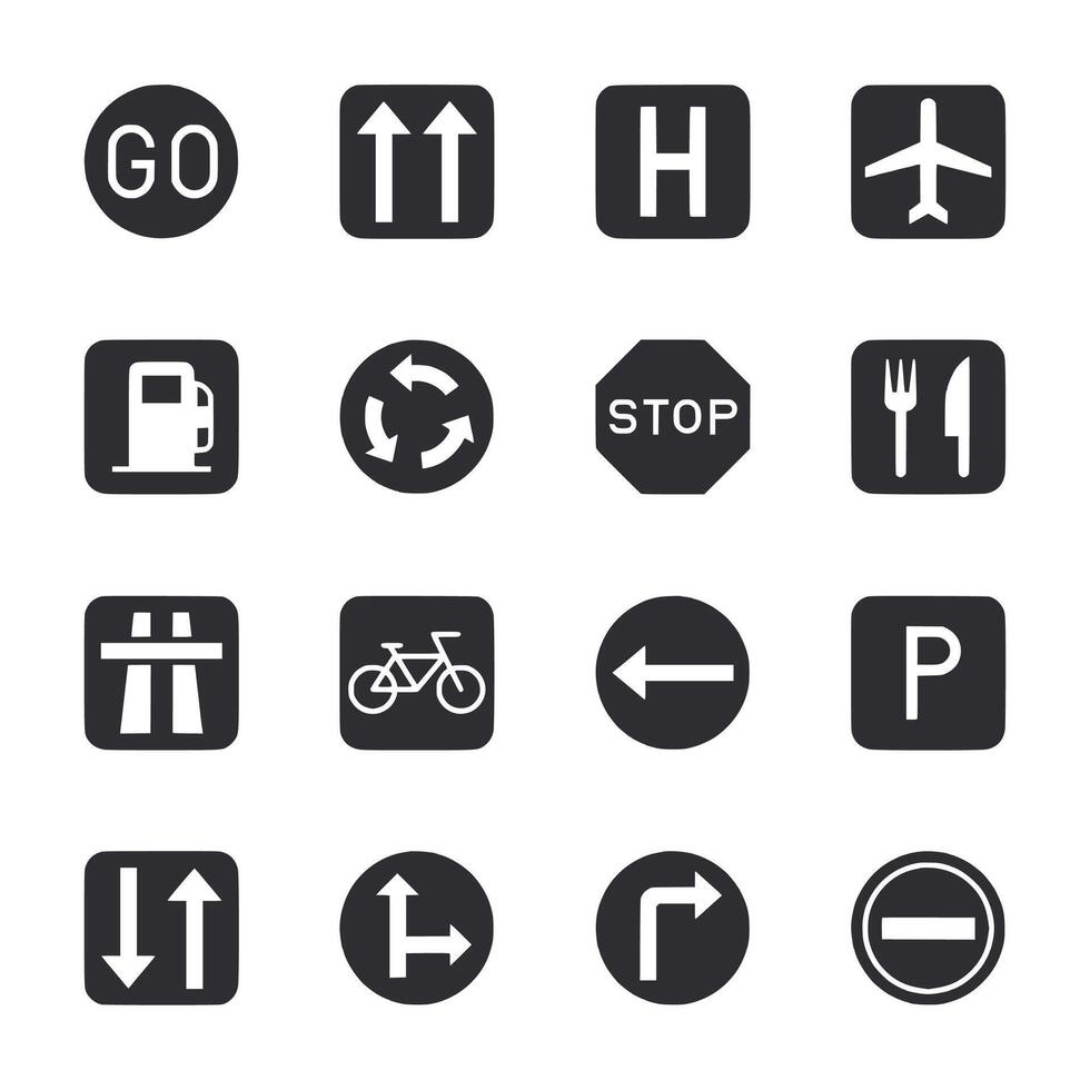 A set of black and white icons including a stop sign, a fork and knife vector