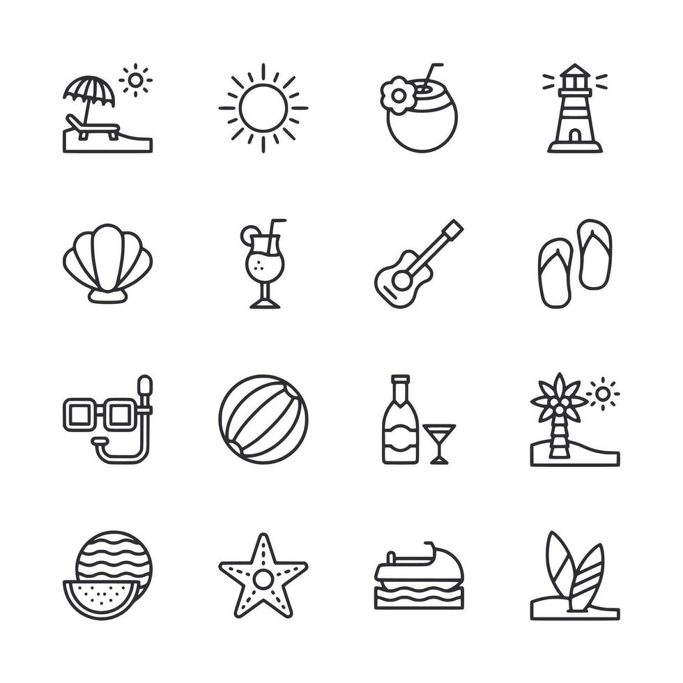 A set of black and white icons for beach and summer activities vector