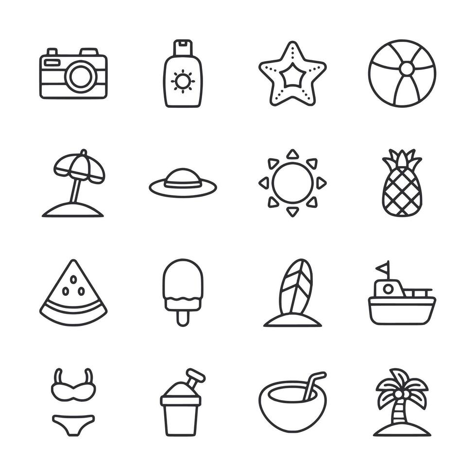 A collection of beach and summer icons including a camera, a ball, a pineapple vector