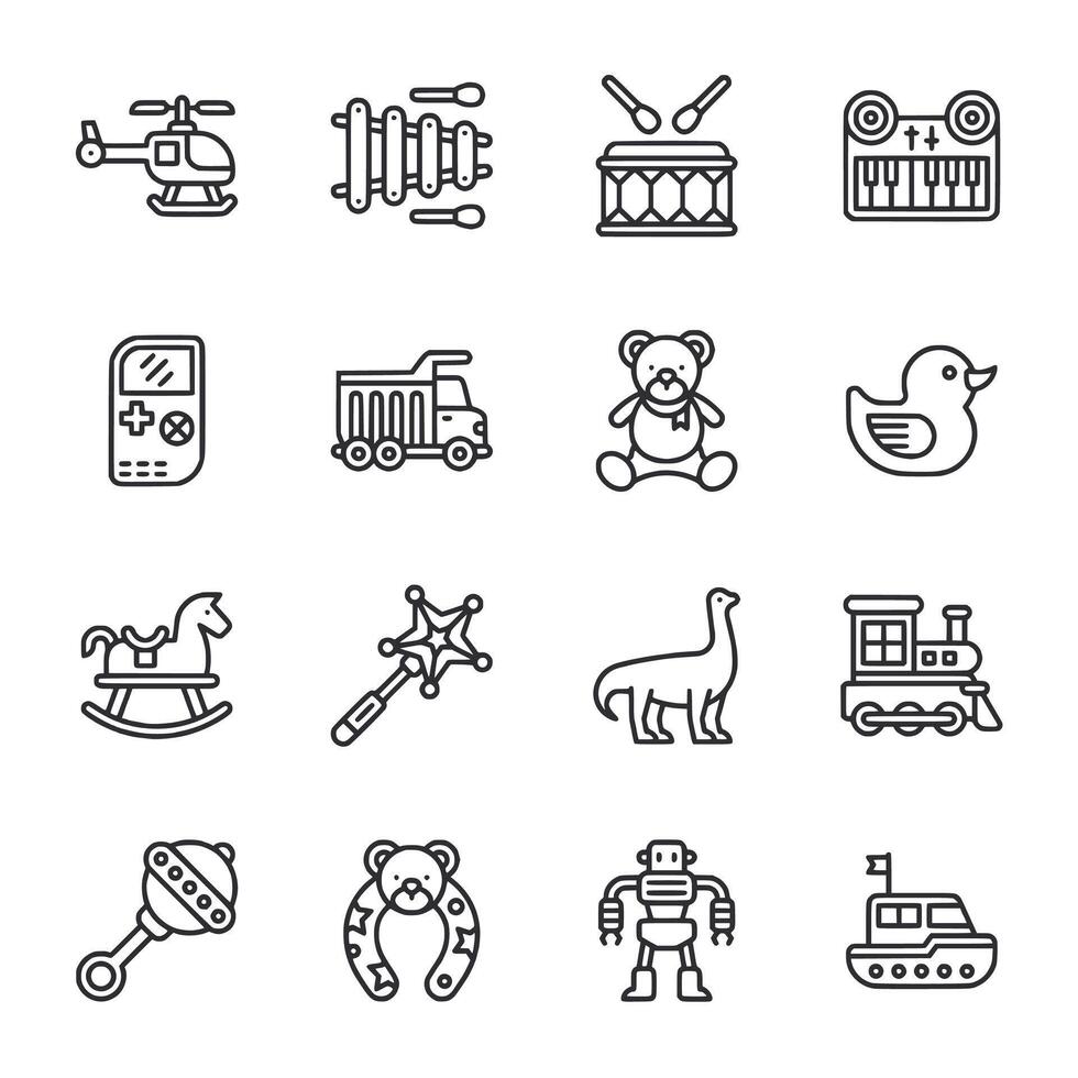 A set of toy icons including a teddy bear, a train, a boat, a car, a robot vector