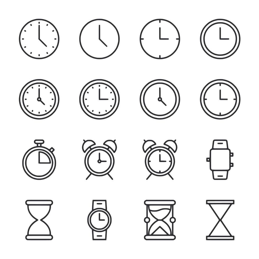 A set of clocks and watches are shown in a row vector