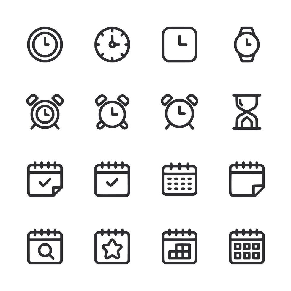 A set of black and white icons for calendars, Alarms vector