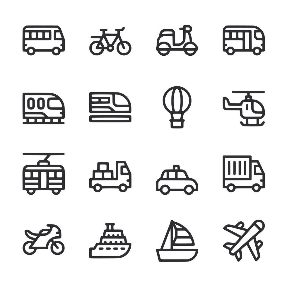 A set of black and white icons of various vehicles and modes of transportation vector