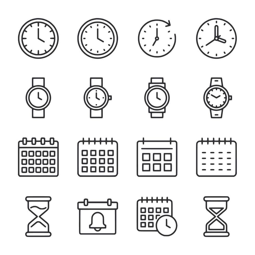 A set of black and white icons for a calendar and a watch vector