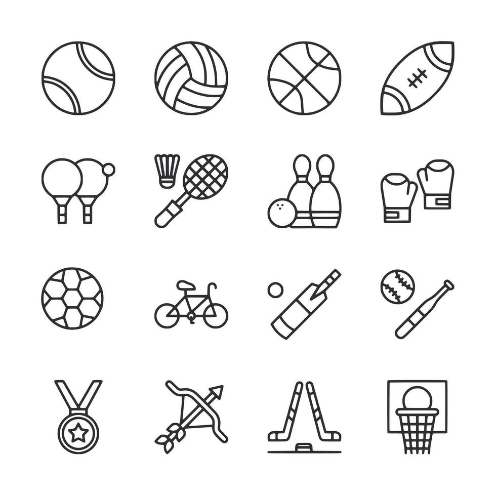 A set of sports icons including a soccer ball, a baseball bat, a tennis racket vector