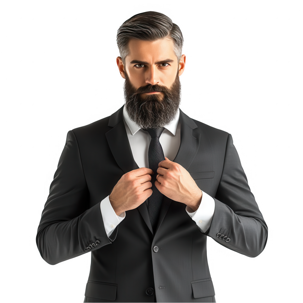 A man with a beard and suit is adjusting his tie png