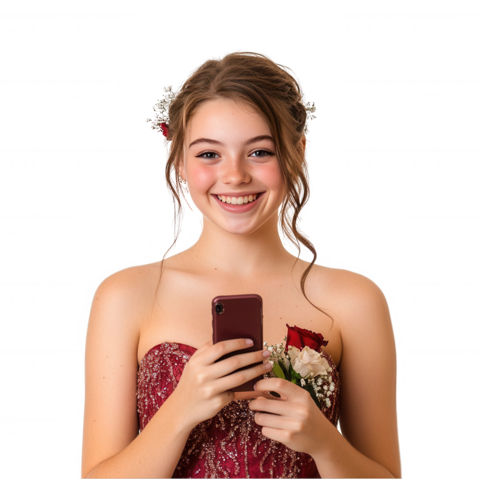 A girl in a prom dress holding a cell phone png