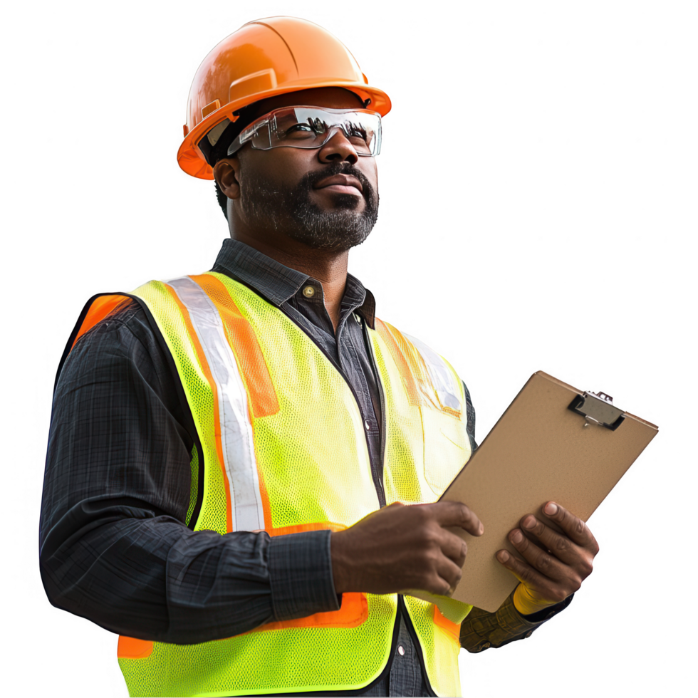 A man in a safety vest holding a clipboard png