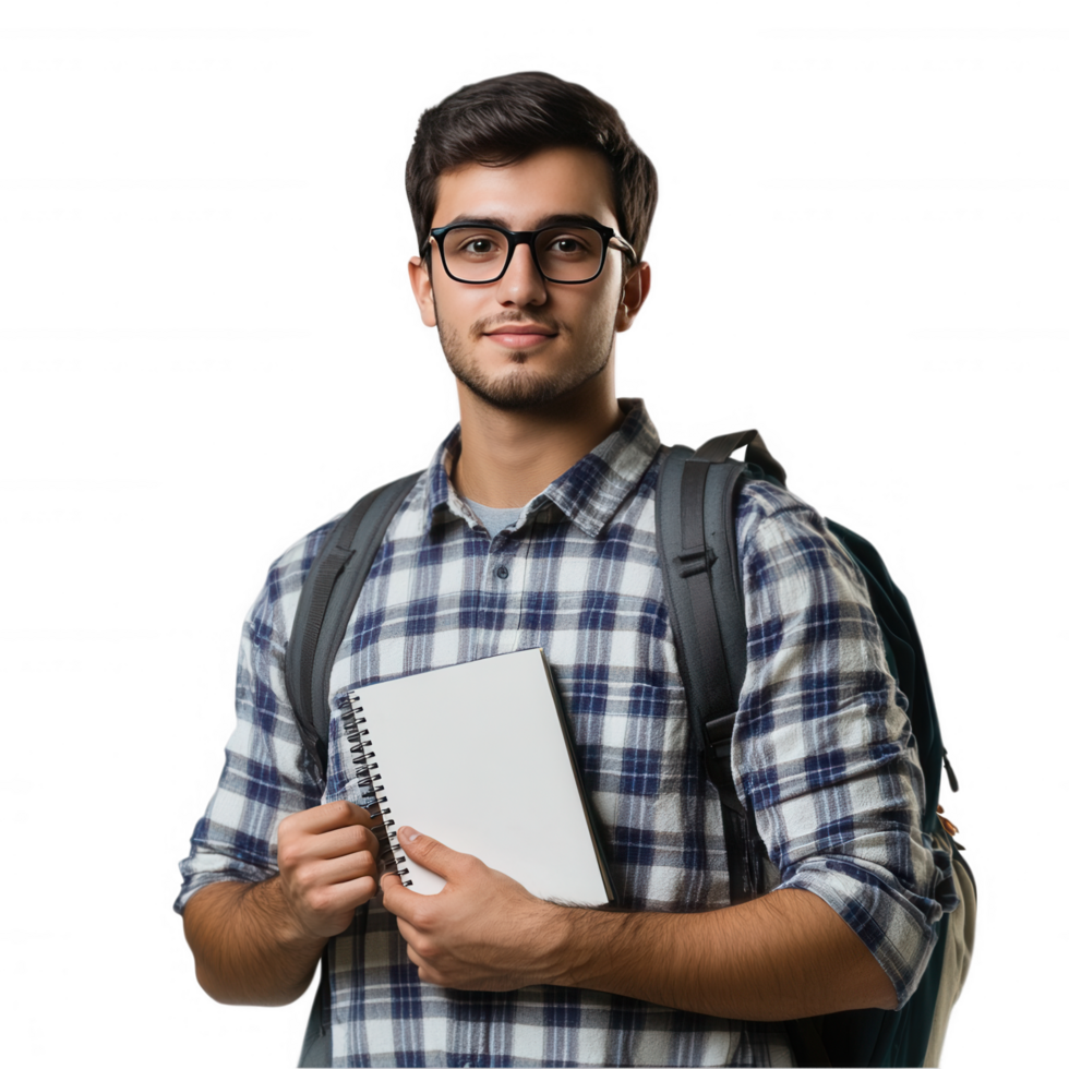 Portrait of a young man with glasses and backpack holding notebook and looking at camera png