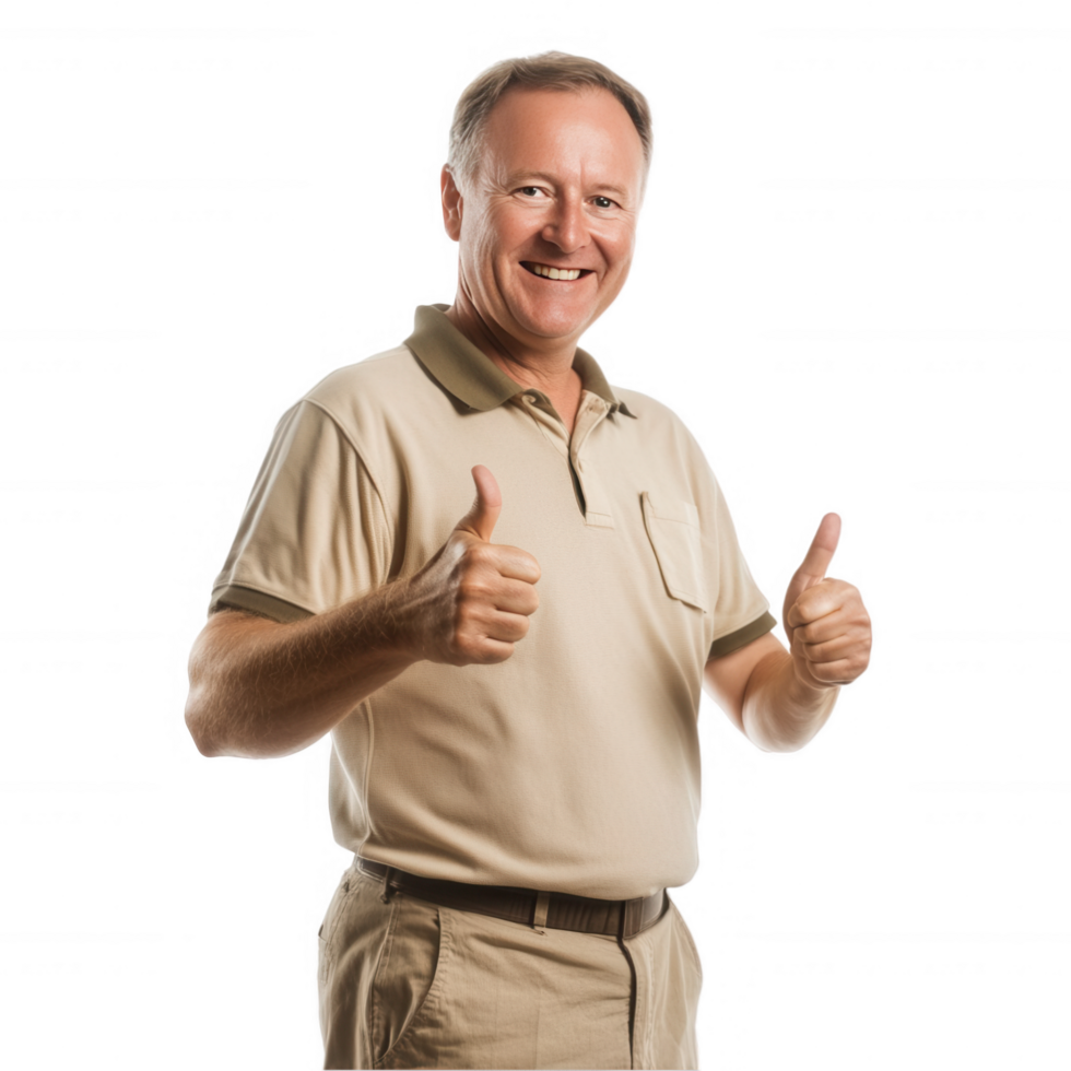 A man in a tan shirt and khaki pants giving the thumbs up png