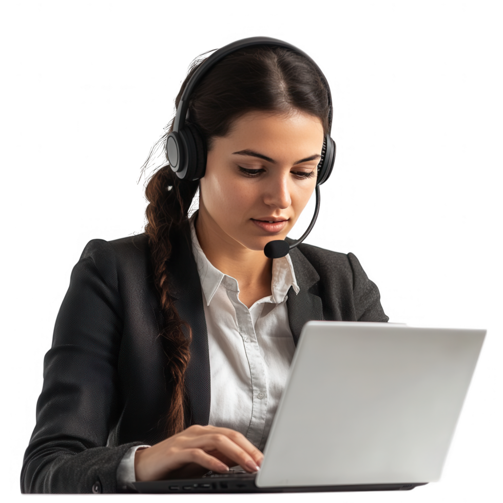 Call center agent working on laptop png