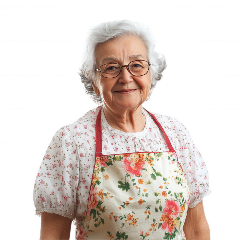 An older woman wearing an apron and glasses png