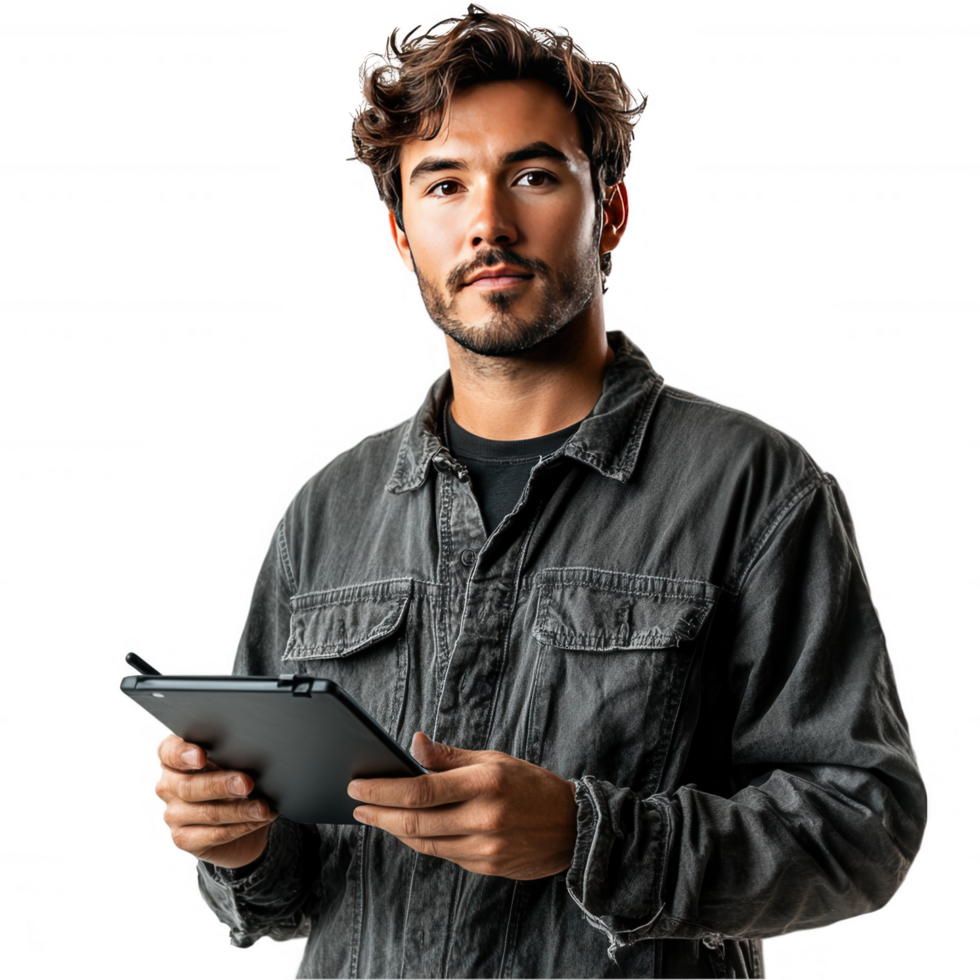 A man in a denim jacket holding a tablet png