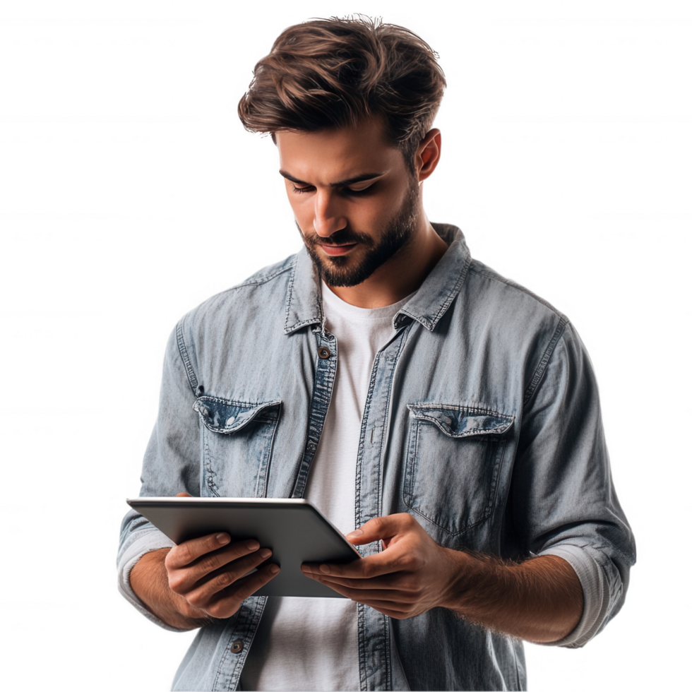 A man in a denim shirt is holding a tablet png