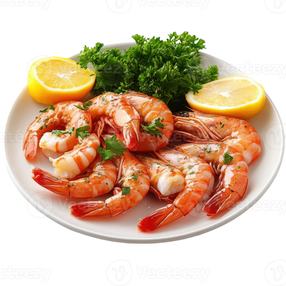 A plate of shrimp with lemon and parsley png
