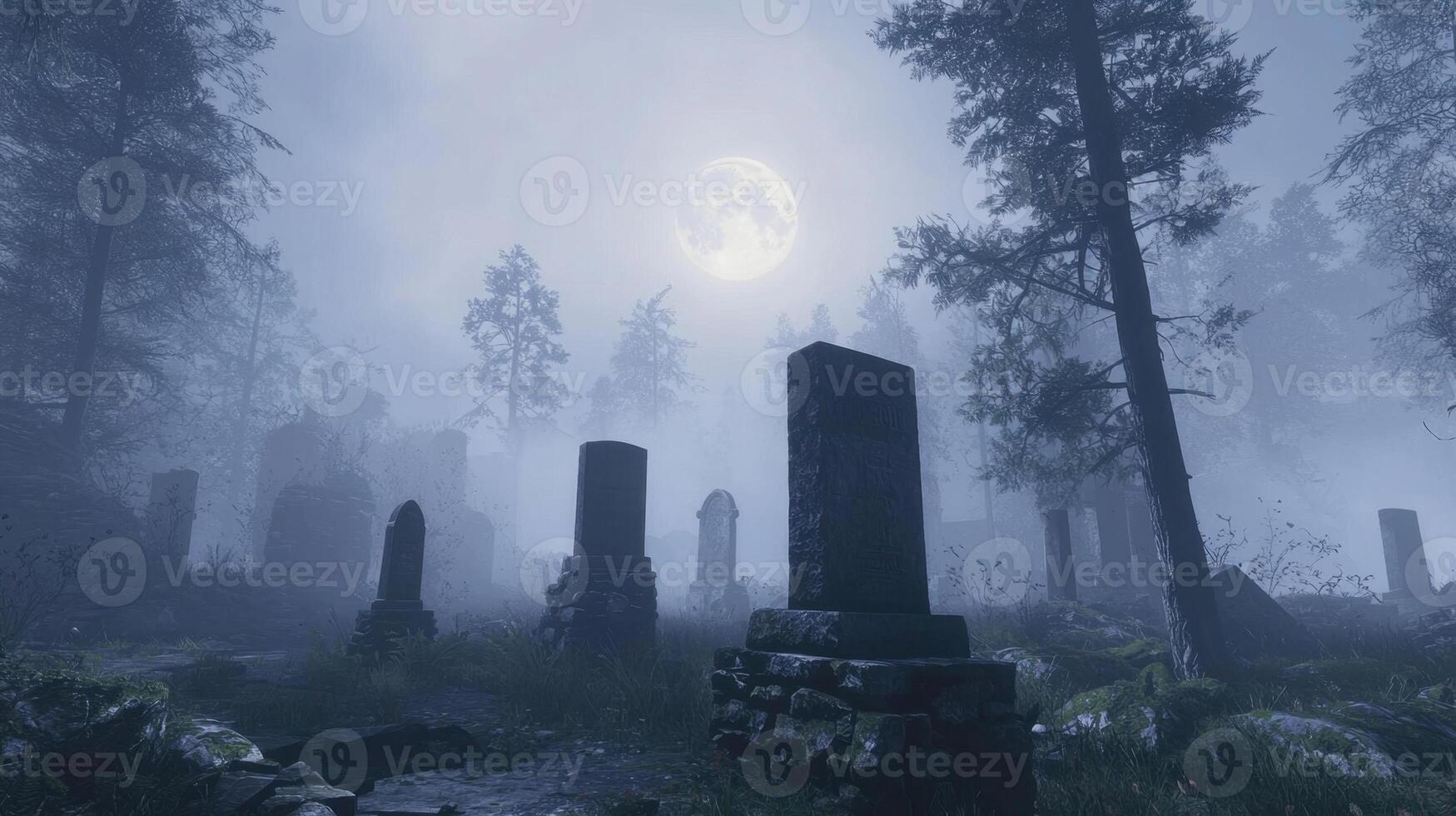 A graveyard shrouded in fog, with gravestones rising from the ground. The full moon casts a haunting glow, surrounded by dense, dark trees creating an unsettling atmosphere photo