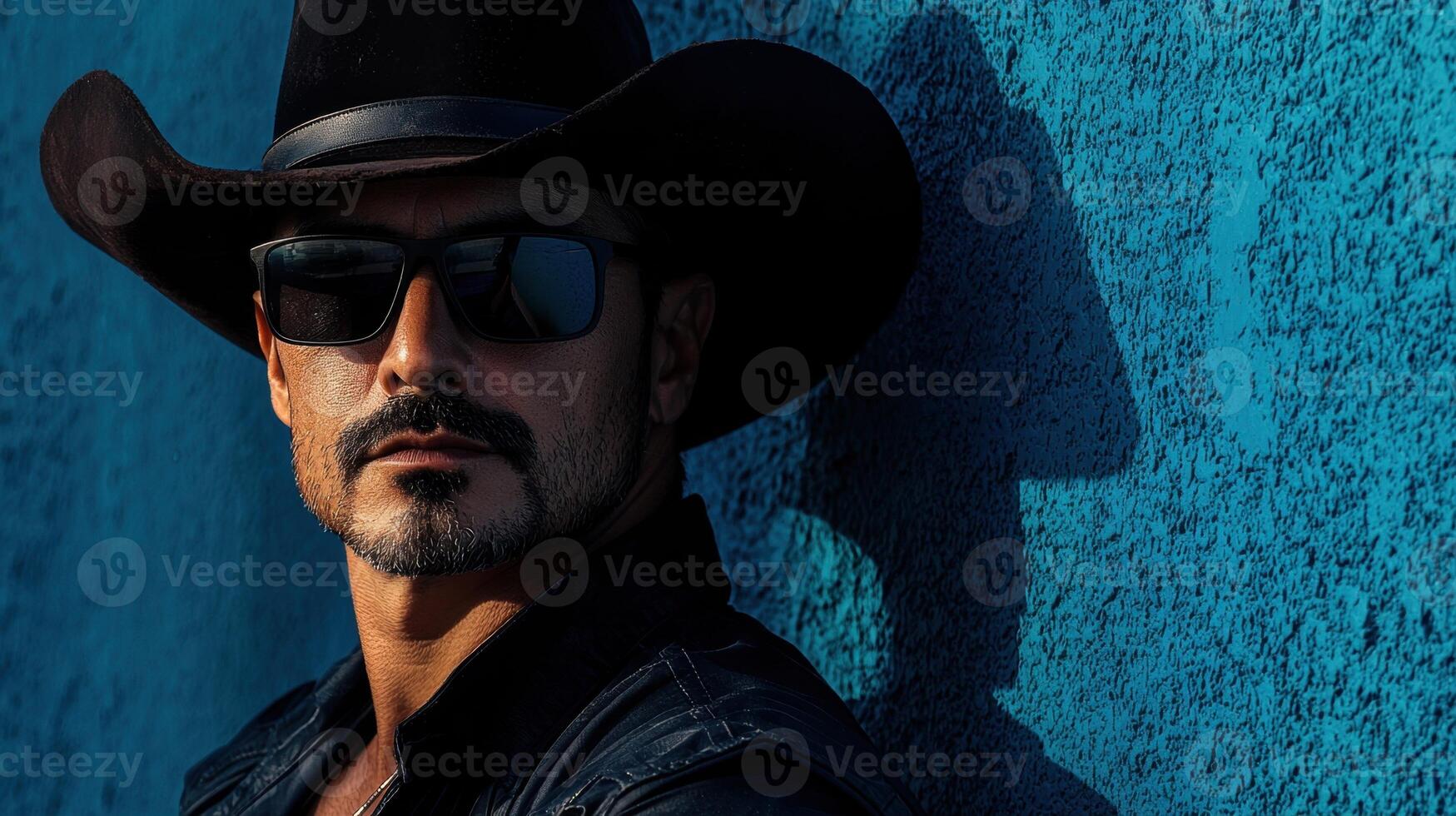 A man in a cowboy hat and sunglasses leaning against a blue wall photo