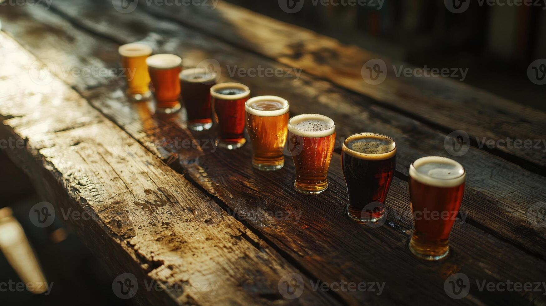 A row of beer glasses lined up on a wooden table photo