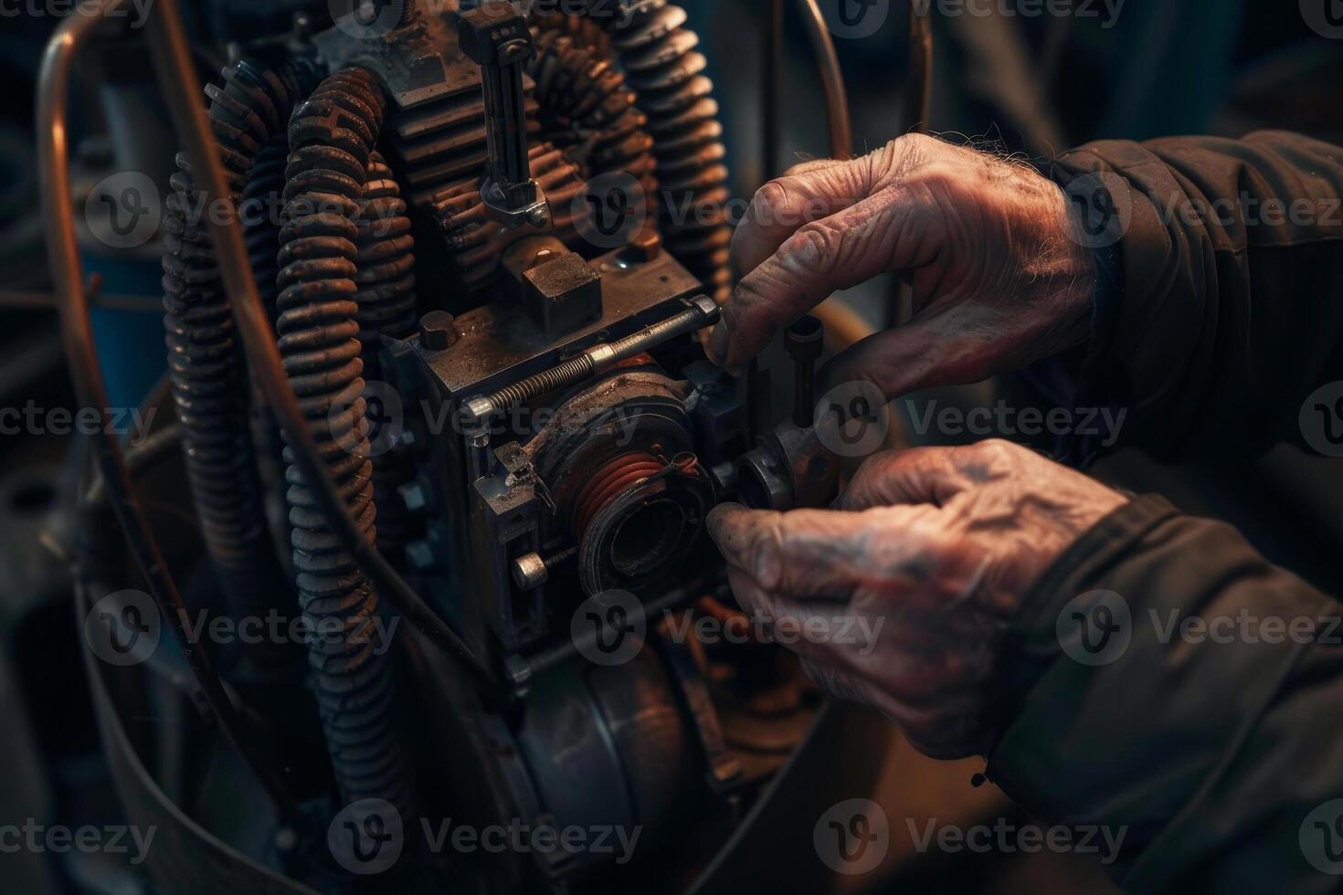 Close up of hands of mechanic working on engine photo