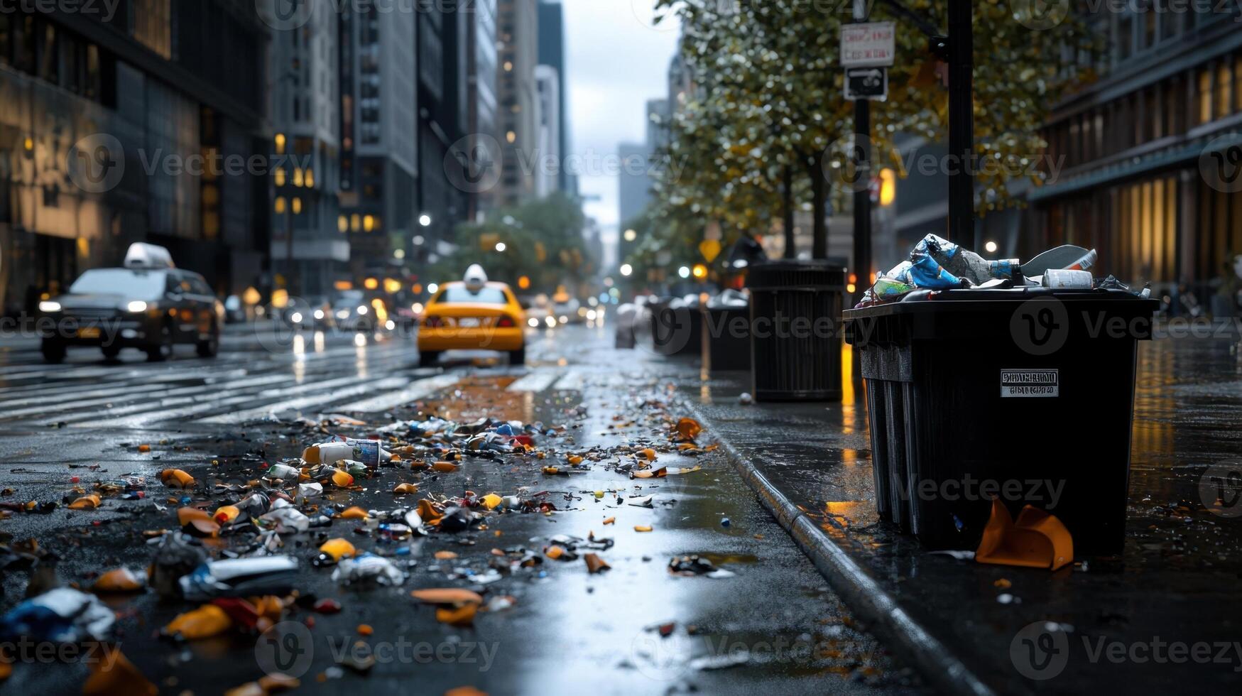 A black trash can is on the side of a street with trash on the ground photo