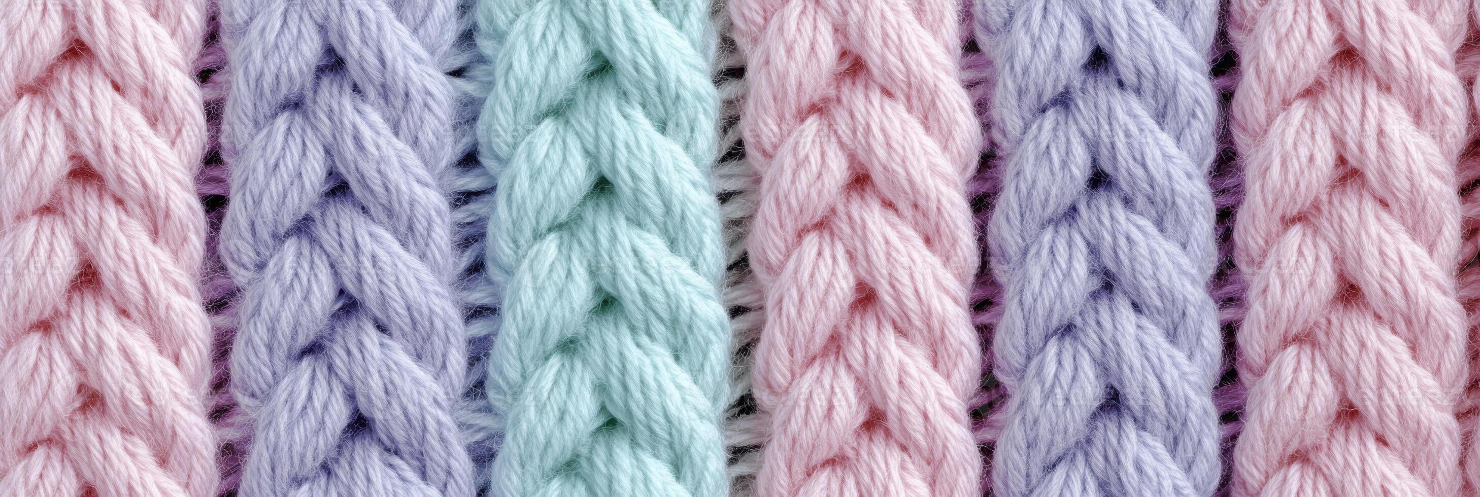 Multicolored yarn knit close-up texture with pastel shades for textile design photo