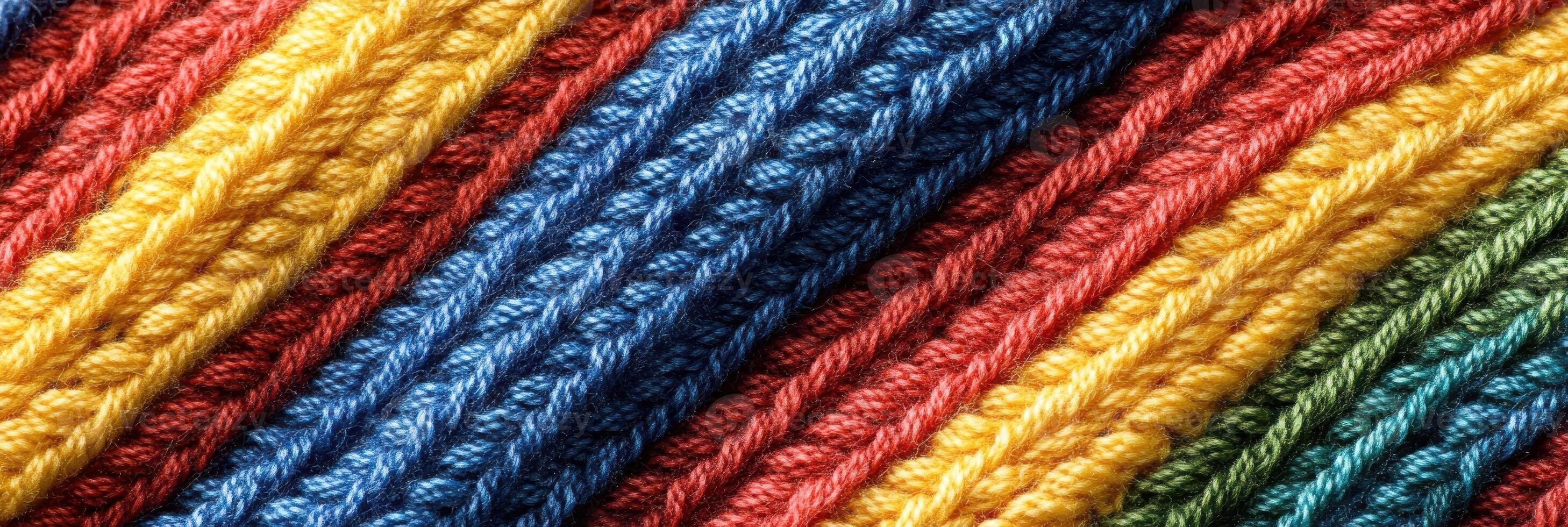 Colorful knitted fabrics displaying intricate wool patterns in multiple bright stripes photo