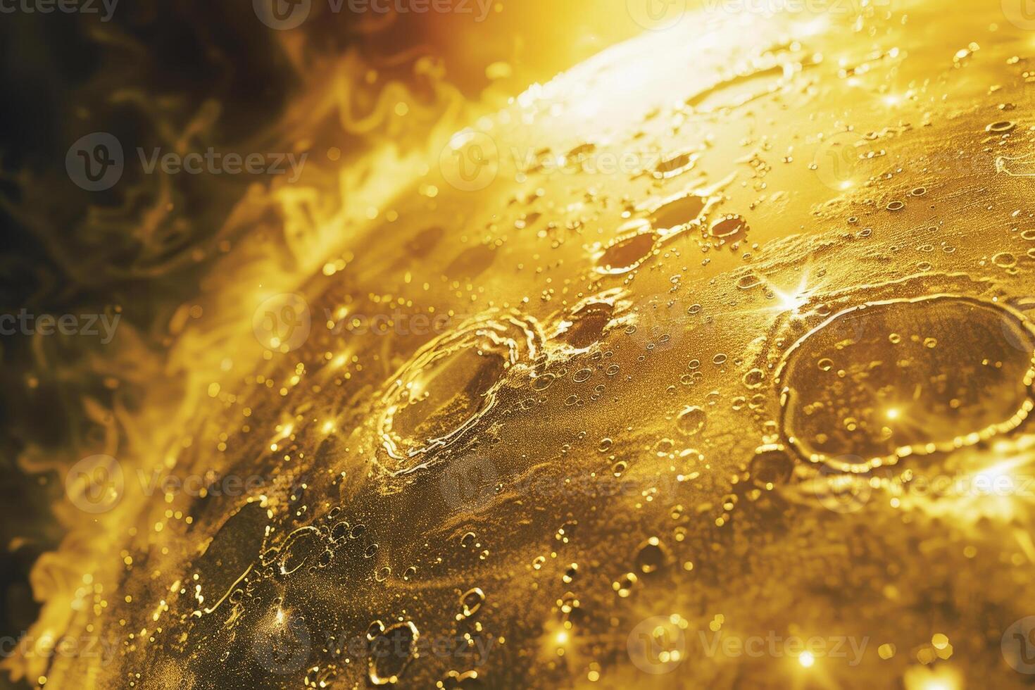 A close up of a golden planet with water and bubbles photo
