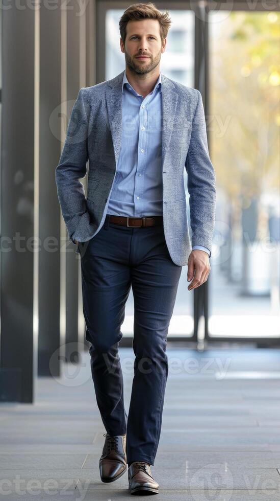 A man in a suit and blue shirt walking down a hallway photo