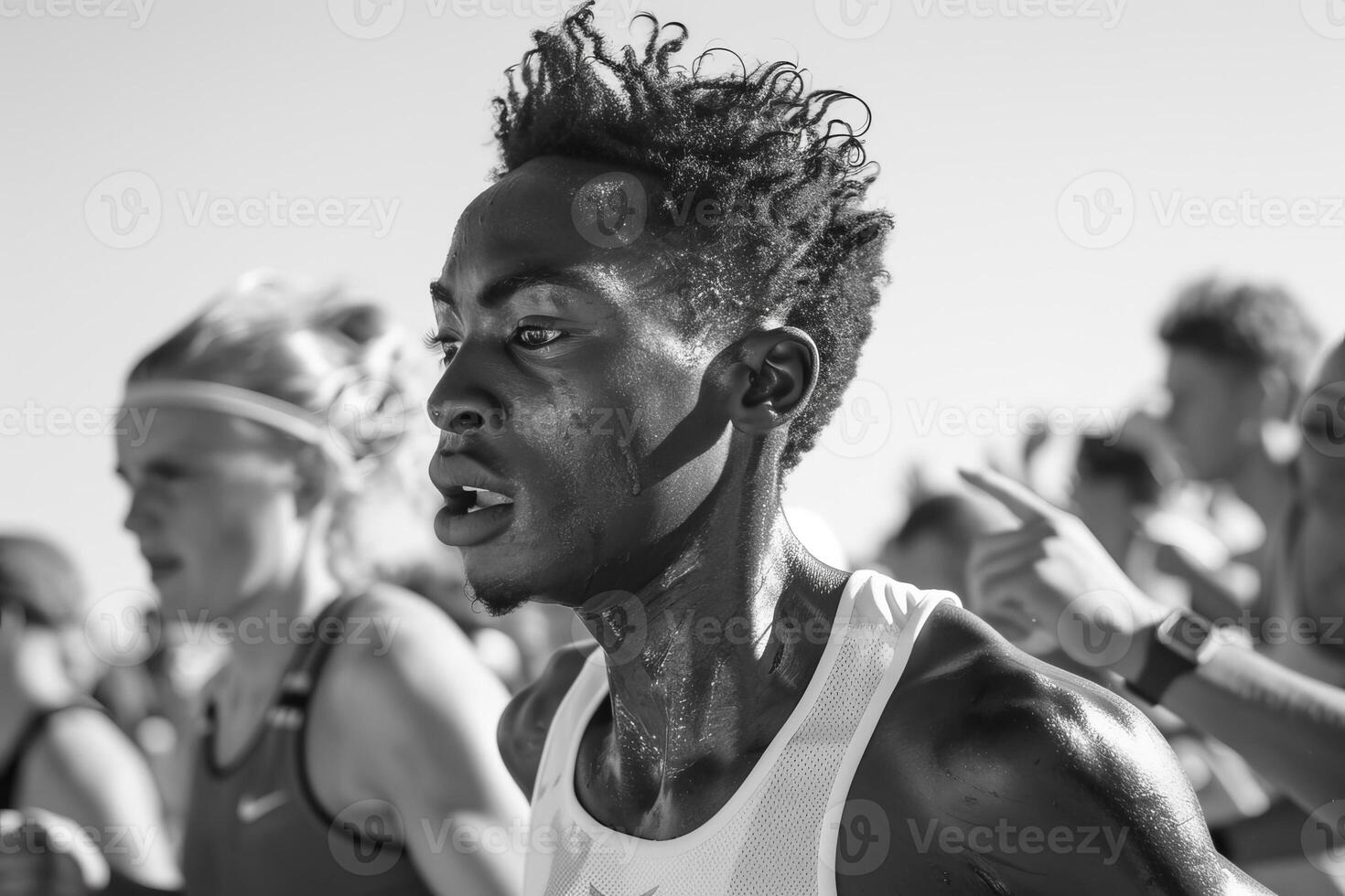 A black and white photo of a man running