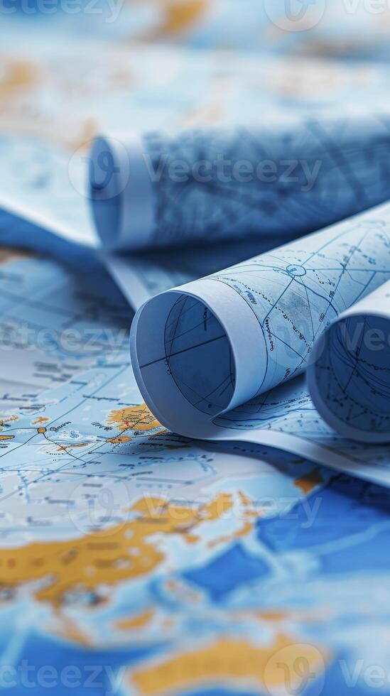 Map and paper with blue and white lines photo