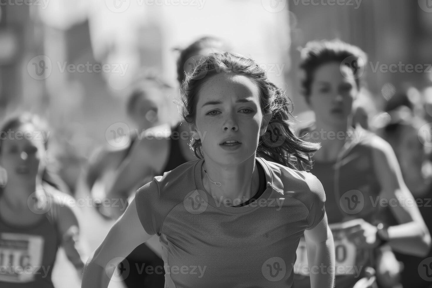A black and white photo of a woman running in a marathon