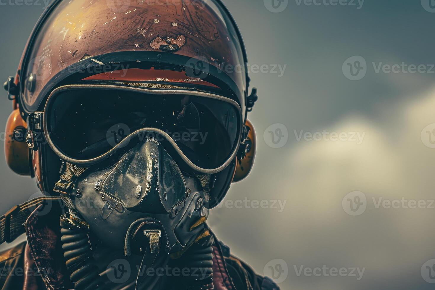 A man in a gas mask and helmet photo