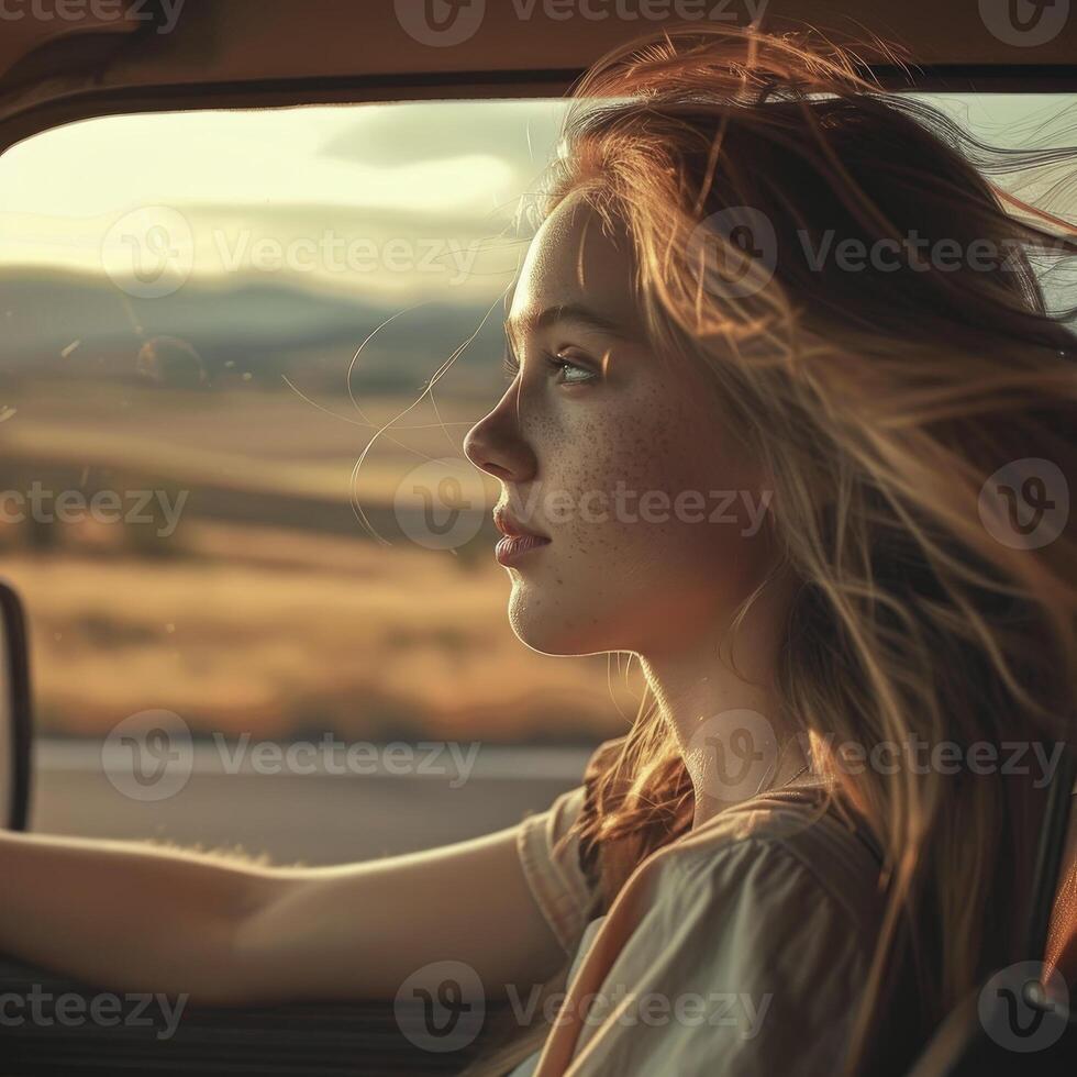 A woman driving a car with the sun setting behind her photo